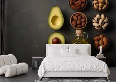 Assorted healthy fats food selection with avocado, nuts, seeds, and olive oil, with blank space for adding text or design,generative AI Wall mural