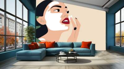 Beautiful young woman applying cosmetic product. Girl face and green plant. Skin care banner. Skincare routine, mask applying and cosmetics. Vector concept illustration. Wall mural