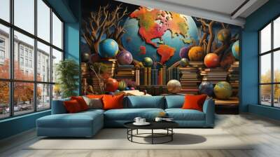 Books, globe and tree on the table Wall mural