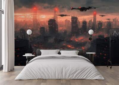 Burning futuristic city with flying vehicles. Wall mural