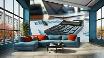 business financial statement with a calculator on the table in modern office, business finance audit concept photo Wall mural