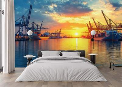 Cargo Ships at Sunset in a Busy Port Wall mural