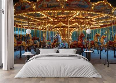 Carousel horses illuminated at night. Wall mural