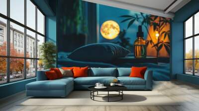 CBD oil and a cannabinoid sleeping pill in a serene moonlit setting, intended to aid sleep and induce relaxation. Wall mural