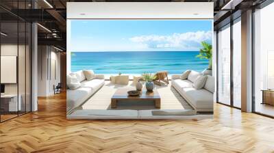 Coastal living room with a large picture window centered behind the sofa, overlooking the ocean and featuring neutral, beach-inspired decor. Wall mural