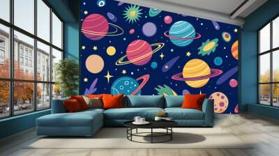 Colorful illustration of various planets, moons, and stars in a whimsical, cartoon-like outer space scene on a dark blue background. Planets in various colors with different patterns and rings Wall mural