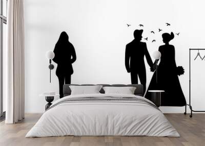 Comparison of a happily married man and woman and an unhappy woman alone black and white silhouette concept Wall mural