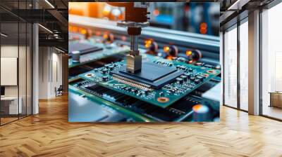 computer chips assembly line in manufacturing plant, modern electronics production factory  Wall mural