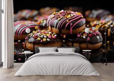 donuts with chocolate glaze and sprinkles on a black background Wall mural