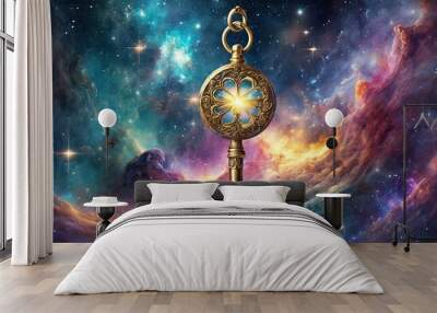 earth in space, key of destiny set against a backdrop of an interstellar nebula revealing secrets of the cosmos Wall mural