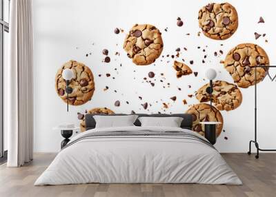 Flying Chocolate Chip Cookies with Crumbs, chocolate chip cookies png, chocolate chip png Wall mural