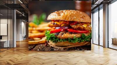 fresh and juicy chicken burger with French fries on the wooden table, fast food advertising  Wall mural