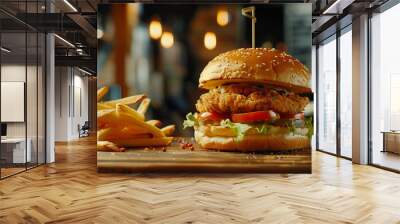 fresh and juicy chicken burger with French fries on the wooden table, fast food advertising  Wall mural