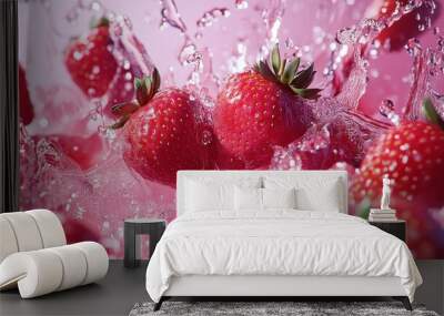 Fresh strawberries splashing in water against a pink background. Wall mural