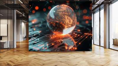 futuristic cyber tech background digital data globe on black floor with glowing binary lines, modern technology wallpaper  Wall mural