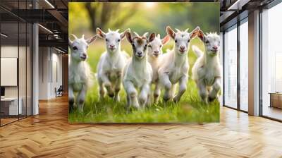 Generative ai. A group of adorable baby goats frolicking in a meadow Wall mural