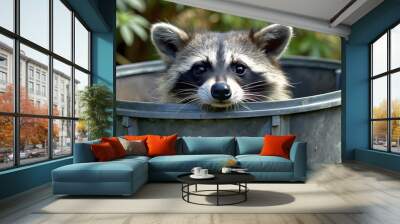 Generative ai. A mischievous raccoon peeking out from a trash can Wall mural