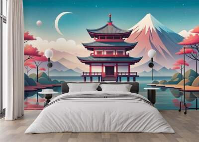 Generative ai. Illustration of a serene lakeside scene featuring a traditional Asian pagoda in the foreground, set against a backdrop of a majestic mountain Wall mural