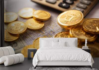 golden bitcoins and a calculator on the table, online trading or crypto trading concept, e commerce business   Wall mural