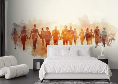 Group of workers painted in watercolor with copy space for text, labor day banner back view, Ai generated image Wall mural