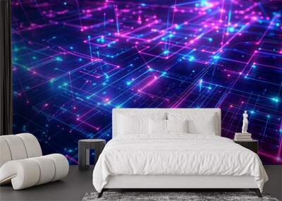 high-tech background featuring a complex grid of glowing lines and nodes, digital tech wallpaper  Wall mural