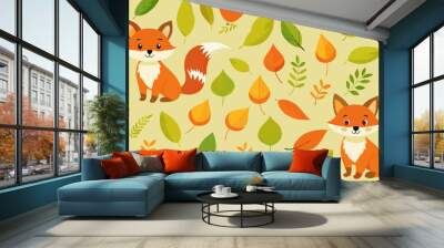 Illustration of a seamless pattern featuring cute cartoon foxes and colorful autumn leaves on a light beige background. The foxes are orange with white accents Wall mural