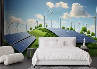 Conceptual illustration of green energy integration with solar panels, wind turbines, and environmentally friendly technology Wall mural