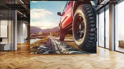 low angle view of a modern pick-up truck on road Wall mural