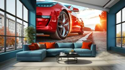 low angle view of a modern red car on road Wall mural