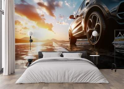 low angle view of modern SUV car on road  Wall mural