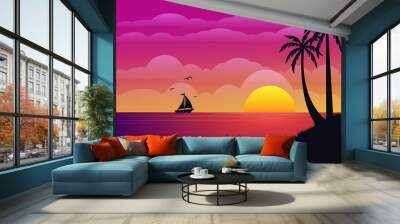 beautiful sunset beach with mountain and palm trees Wall mural