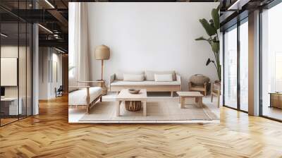 Minimalist living room with a taupe sofa, white walls, and natural wood furniture. Wall mural