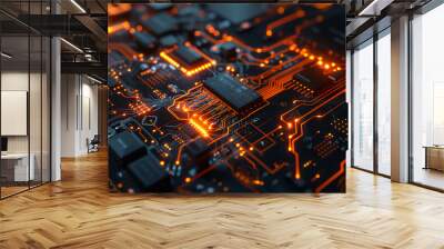 modern technology background glowing binary circuit lines in motherboard cyber tech wallpaper  Wall mural