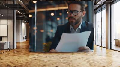 portrait of a businessman looking at business documents sitting in modern office, business contract for a future project  Wall mural