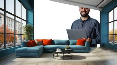 portrait of a man holding a laptop isolated on transparent background, software engine cut out Wall mural