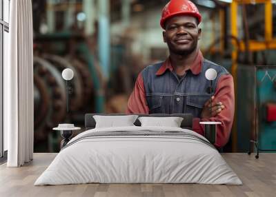 portrait of a smiling worker standing in a industrial factory, worker wearing safety helmet looking at camera  Wall mural