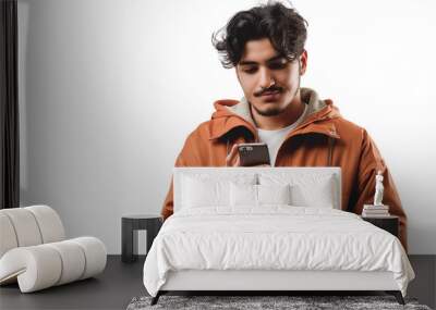 portrait of a young man using mobile phone isolated on transparent background, boy cut out  Wall mural