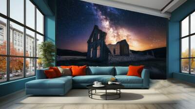 Ruined building under starry night sky. Wall mural