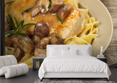 Chicken Marsala with Mushrooms and pasta. Selective focus Wall mural