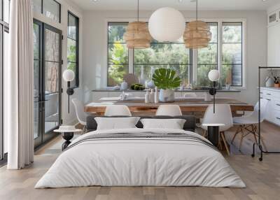 Scandinavian-inspired dining area with a wooden table, white chairs, and minimalist pendant lighting, set against neutral walls and large windows. interior design concept  Wall mural