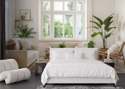 Scandinavian-inspired living room with white walls, a beige sofa, wooden armchairs, and indoor plants arranged near a large bay window. interior design concept  Wall mural