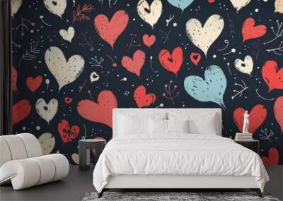 Seamless pattern with hand drawn hearts on dark background Wall mural