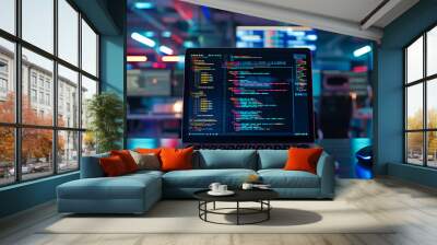 software codes display on screen of a laptop on the table in modern office, web development software engineering cybersecurity  Wall mural