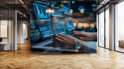 software development featuring software engineer using laptop, modern digital internet technology, an IT developer writing a program code, typing hands  Wall mural