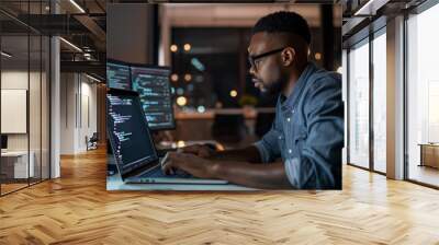 software engineer typing on laptop at desk in modern office, a programmer writing a software code on computer, digital technology  Wall mural