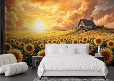 Sunflower Field at Sunset Digital Oil Painting Rustic Cottage Art Print Serene Floral Landscape Decor Nature Wall Art Wall mural