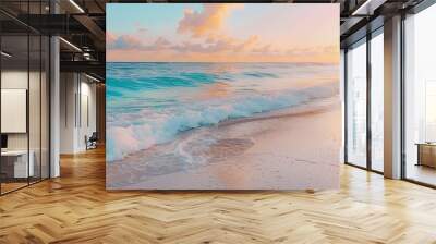 Turquoise waves gently washing over a secluded beach at sunset in the Maldives Wall mural