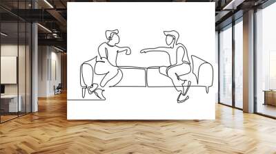 two friends relax sitting on sofa talking home sofa front view line art Wall mural