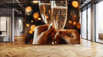 Two hands clinking glasses of champagne celebrating New Year's Eve toast party special event wedding anniversary sparkling wine 2024 2025 Wall mural