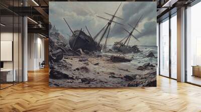 Two shipwrecks on a rocky beach. Wall mural